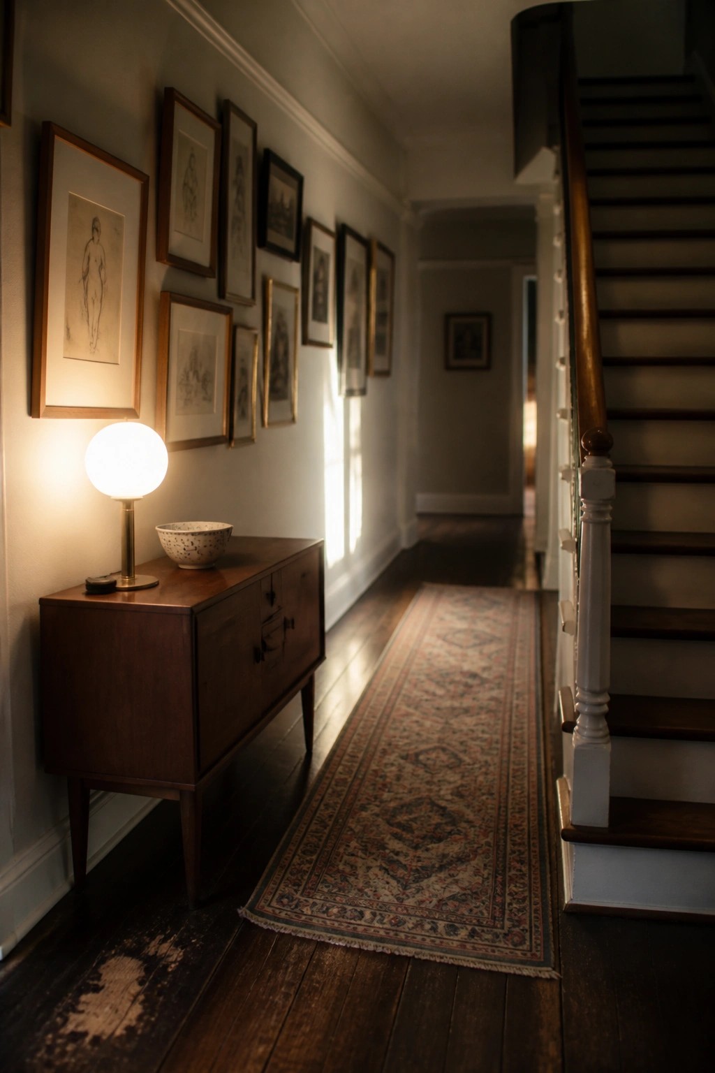 A narrow interior hallway with dark wood flooring, a wooden sideboard holding a round lamp and bowl, framed drawings on the left wall, and a wooden staircase on the right.