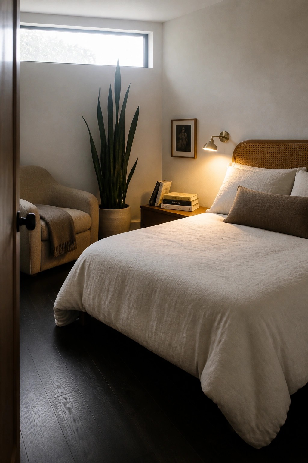 A bedroom interior with dark wood flooring, a bed dressed in white and taupe linens, a large potted plant, an armchair, and a wall sconce.