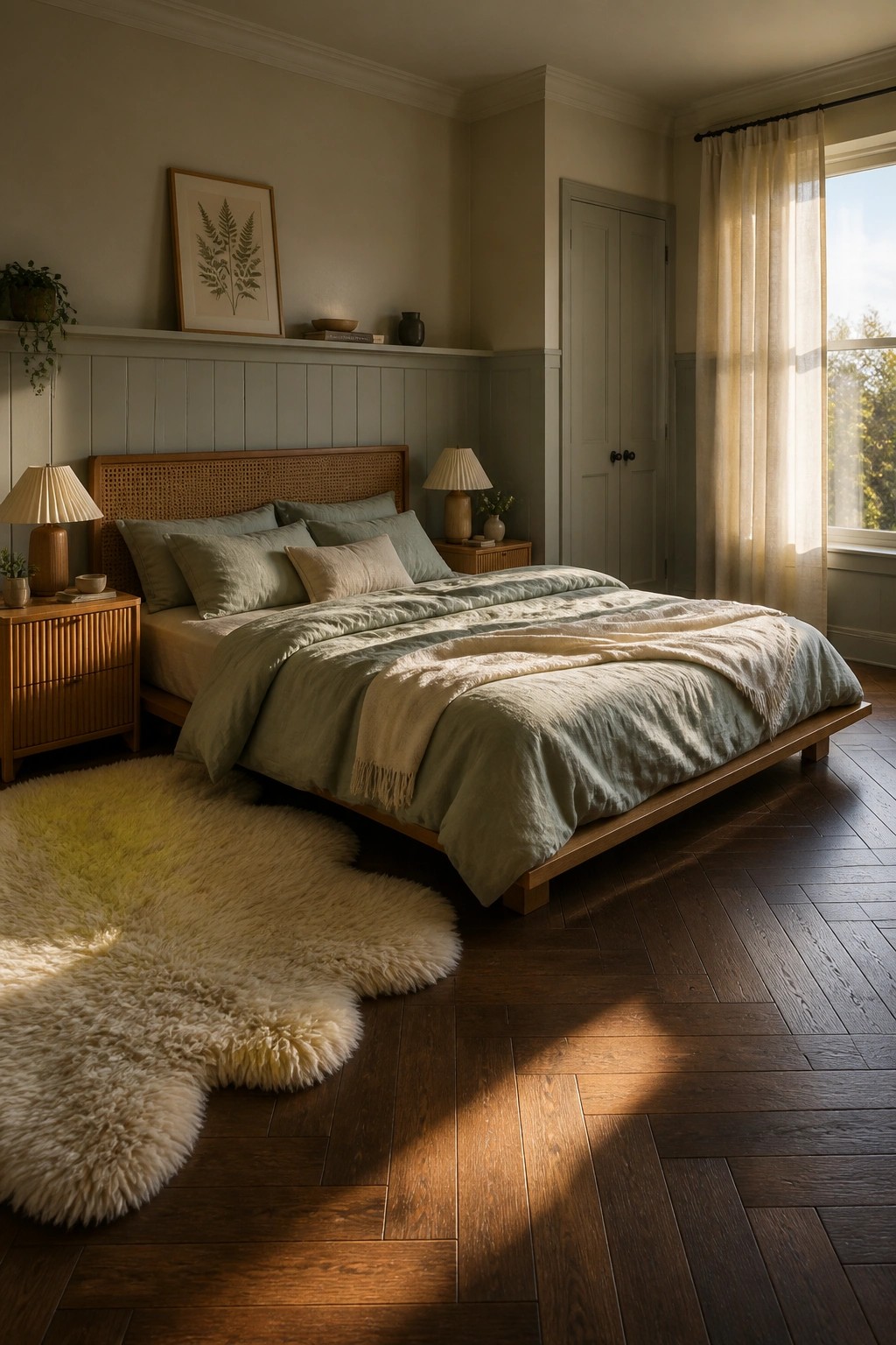 A bedroom with dark wood flooring, a low wooden bed dressed in sage green and beige linens, two wooden nightstands, and a large fluffy light rug on the floor.
