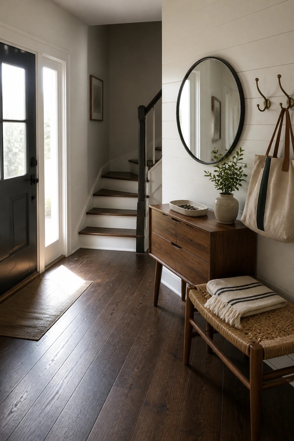 An interior entryway with dark wood flooring, white shiplap walls, a round mirror over a wooden console table, a woven bench, and a staircase leading upward.