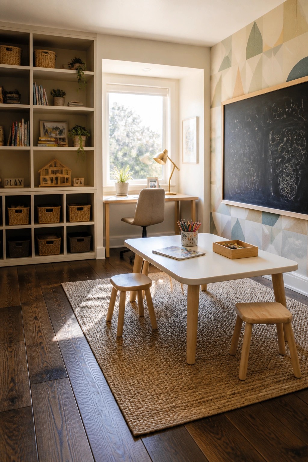 A children's activity room with dark wood flooring, white built-in shelves filled with books and baskets, a desk under a window, a small white table on a woven rug, wooden stools, and a chalkboard on a geometric wall.
