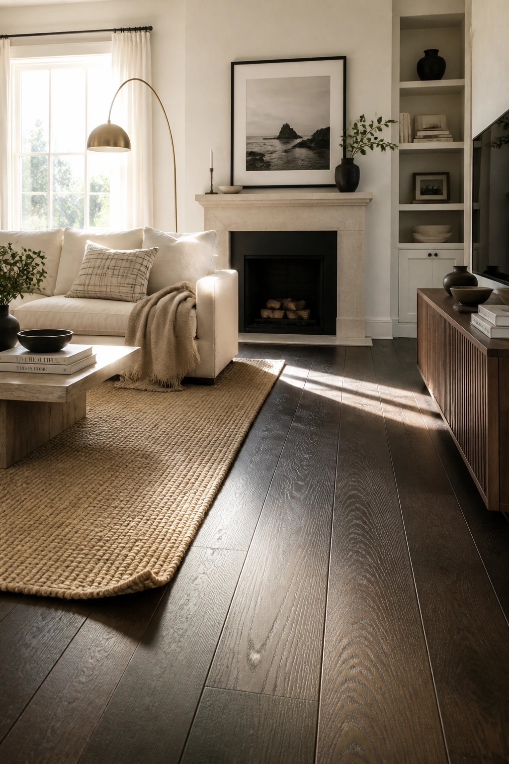 A living room featuring dark wood flooring, a white sofa with a beige throw, a stone fireplace, built-in shelves, and a woven jute rug.