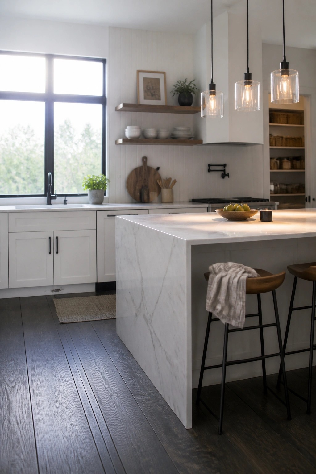 A bright kitchen with white cabinets, a large marble island, dark wood flooring, and three glass pendant lights above the island.