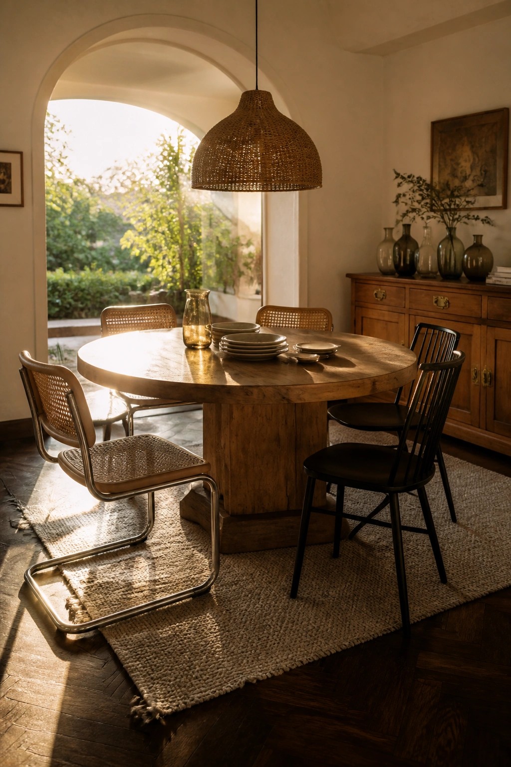 A round wooden dining table sits on a light woven rug over dark wood flooring, surrounded by mixed chairs with a woven pendant light above.