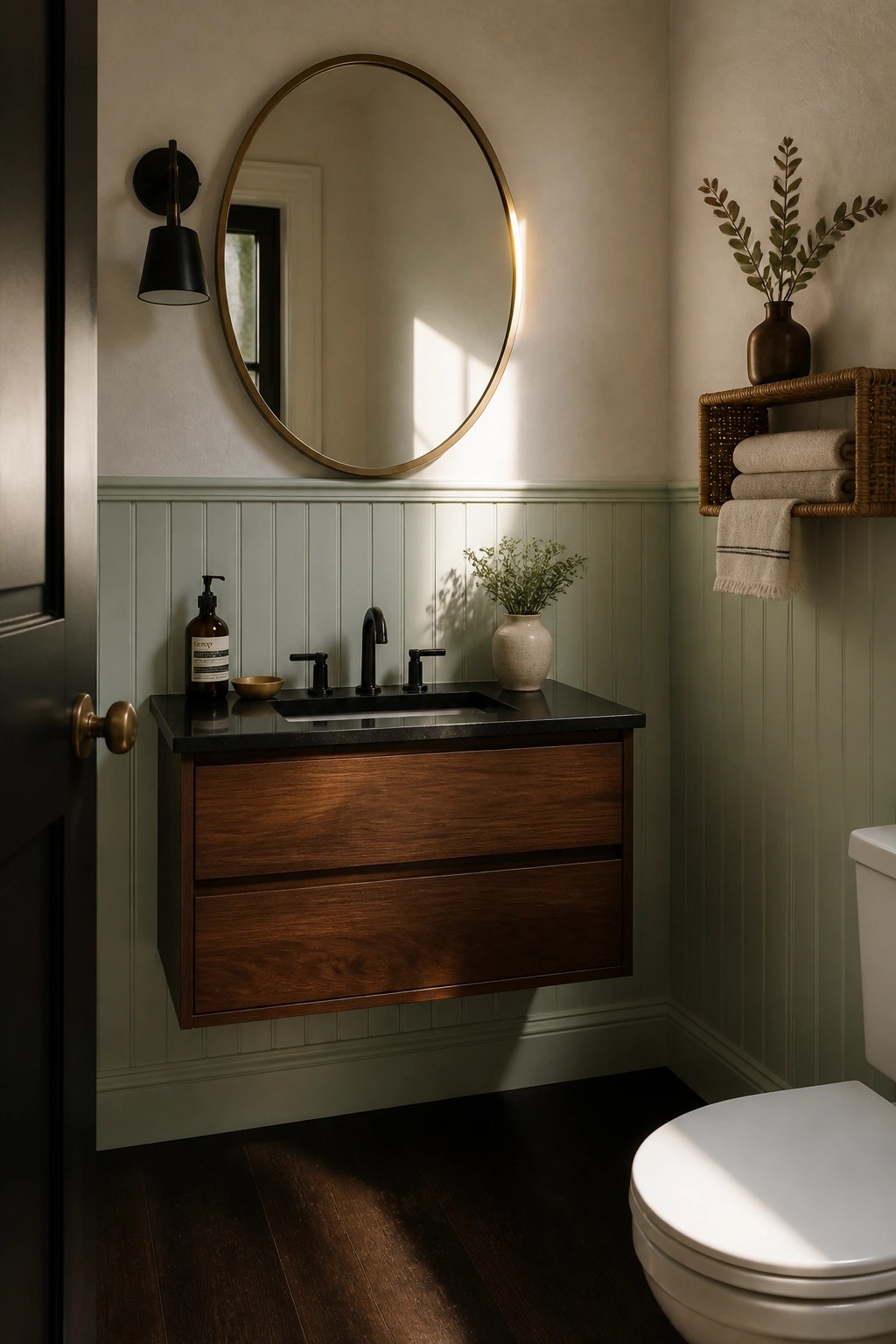 Floating walnut vanity with black sink below round mirror in green bathroom.