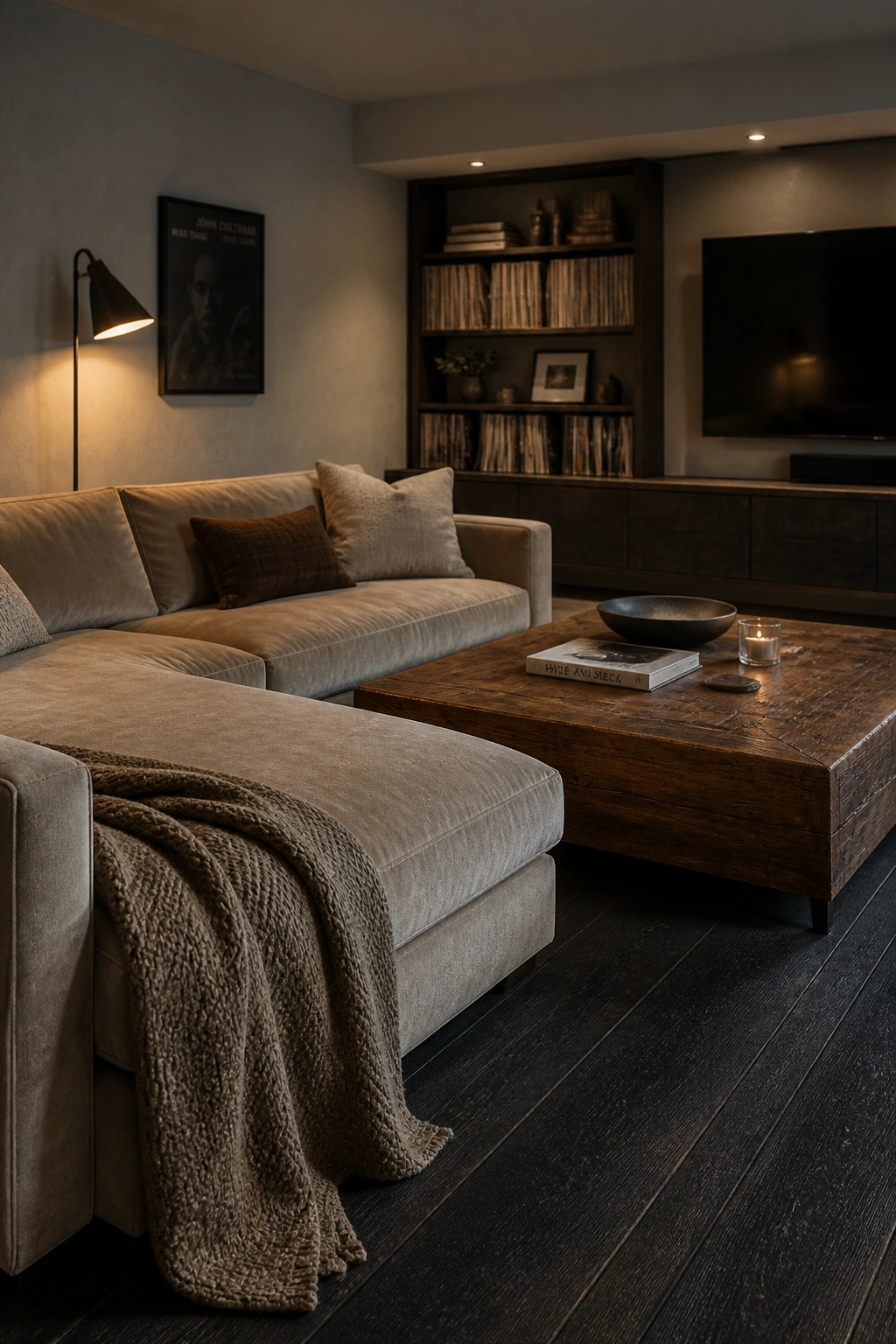 A living room with a light gray sectional sofa on dark hardwood flooring, a wooden coffee table, and built-in bookshelves along the back wall.