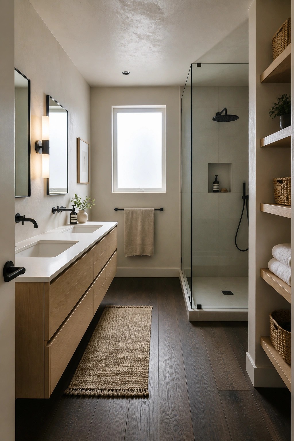 A narrow bathroom with dark wood flooring, a floating light wood vanity with white countertop, beige walls, a window above a towel bar, and a glass shower enclosure on the right.
