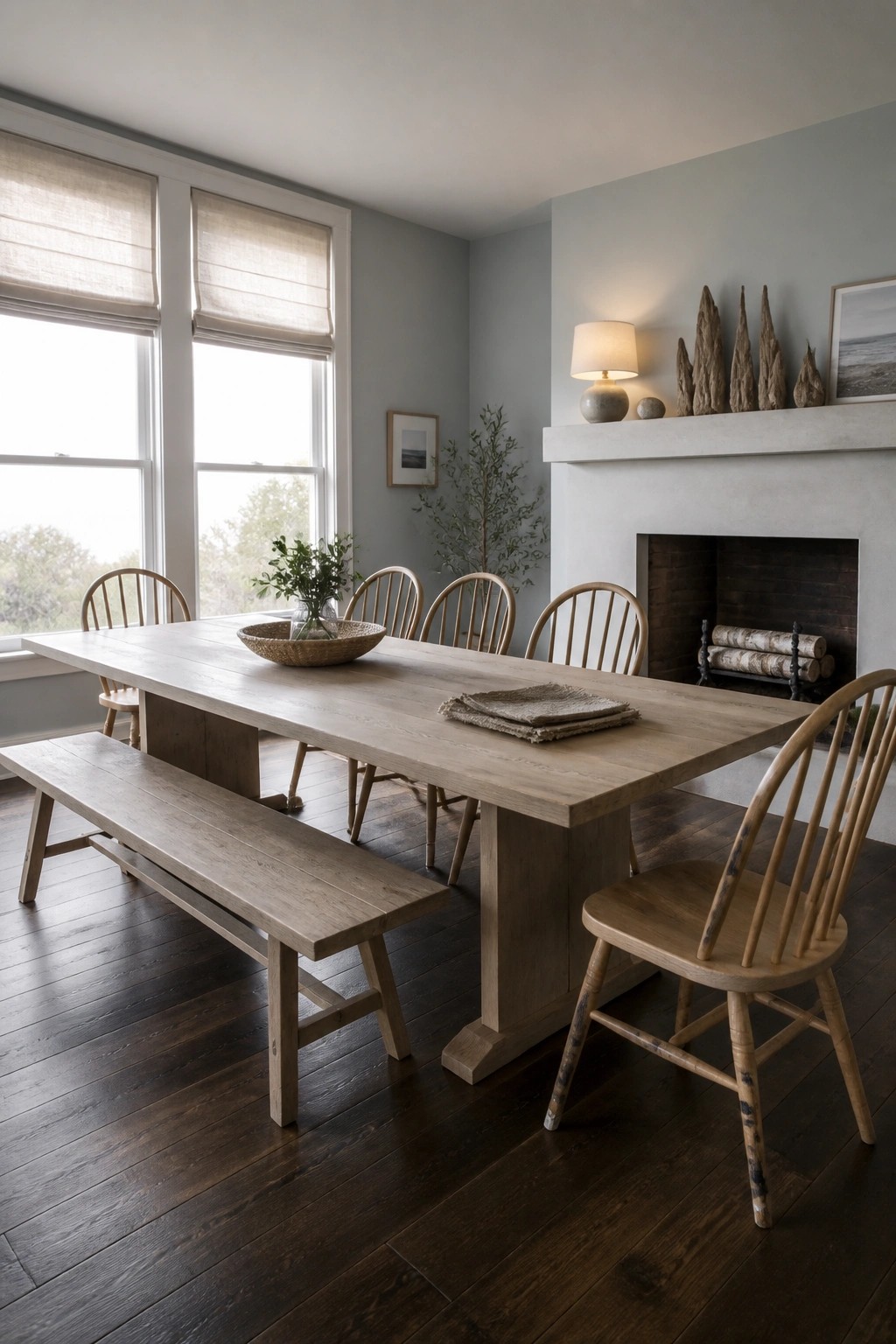 A dining room with a long wooden table, bench, and spindle chairs on dark wood floors, light blue-gray walls, and a white fireplace.