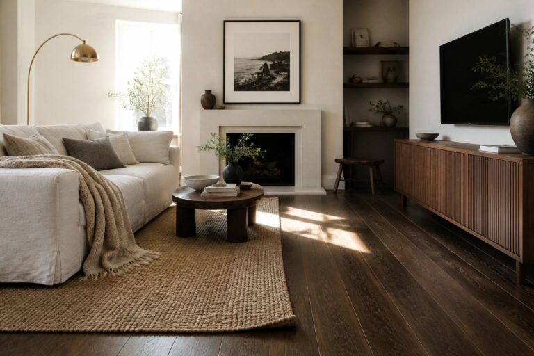 20 Bold Dark Wood Flooring Ideas That Add Contrast Without Feeling Heavy A living room featuring dark wood flooring, a white sofa with a beige throw, a stone fireplace, built-in shelves, and a woven jute rug.