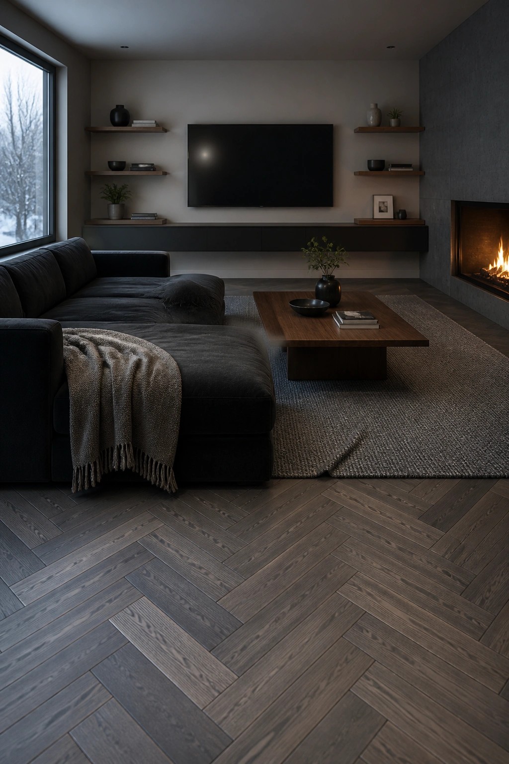 A living room with dark herringbone wood flooring, a dark sectional sofa, a wooden coffee table on a rug, floating shelves, a wall-mounted television, and a lit fireplace.