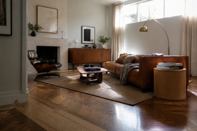 A living room interior featuring herringbone wood flooring, a brown leather sofa, a black leather lounge chair with ottoman, a fireplace, and large windows with sheer curtains.