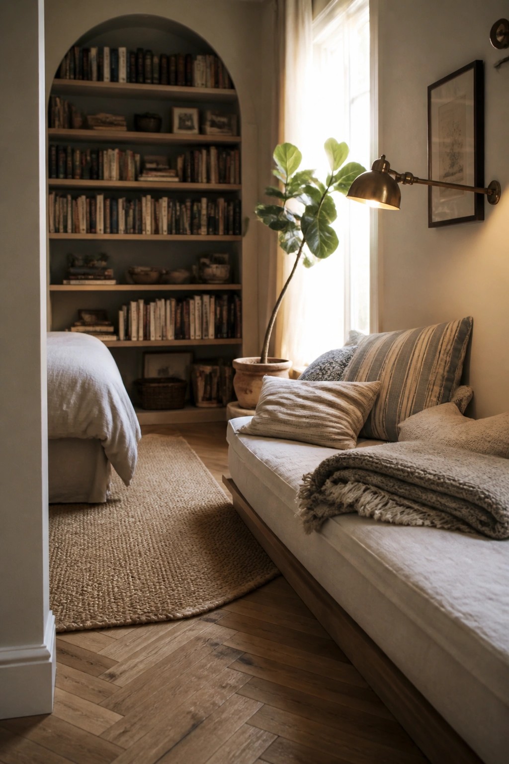 A room interior with herringbone wood flooring, a daybed with pillows and a throw, an arched built-in bookshelf, and a potted plant near a window.
