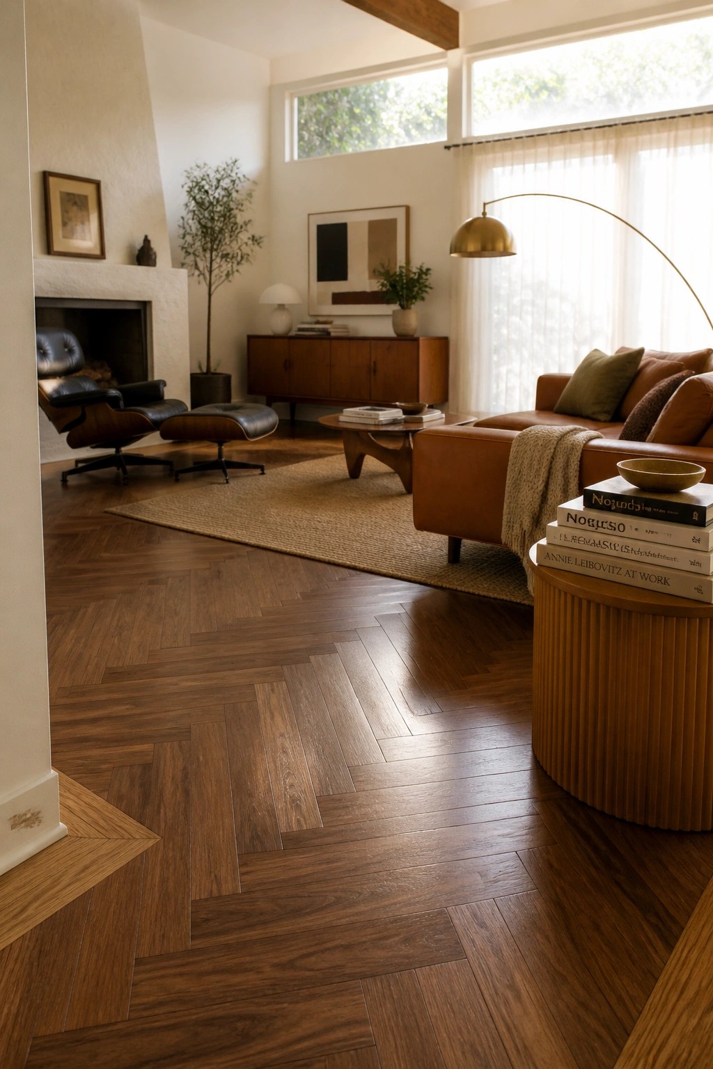 A living room interior featuring herringbone wood flooring, a brown leather sofa, a black leather lounge chair with ottoman, a fireplace, and large windows with sheer curtains.