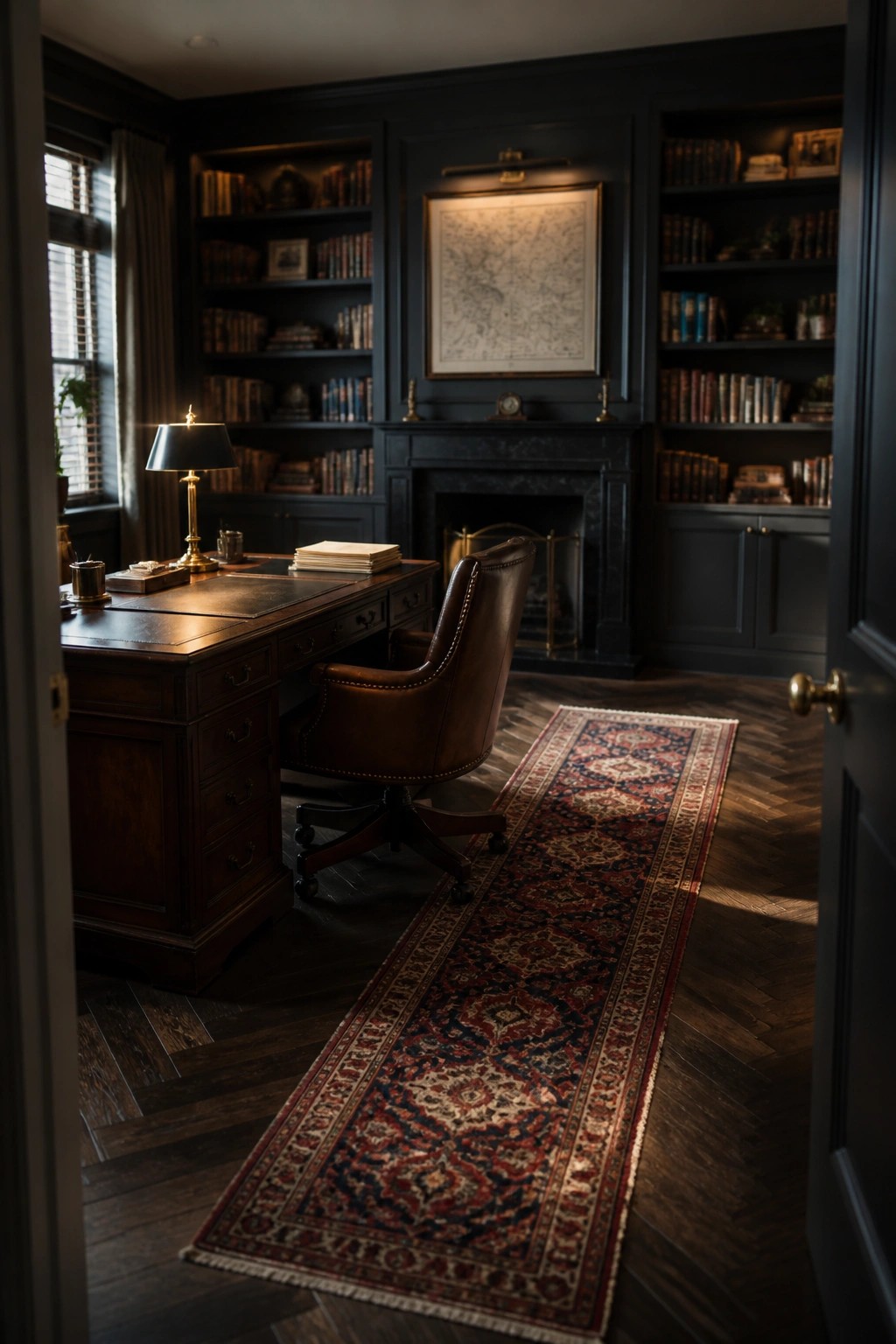 A dark traditional study with herringbone wood flooring, a wooden desk, brown leather chair, built-in bookshelves, and a fireplace.