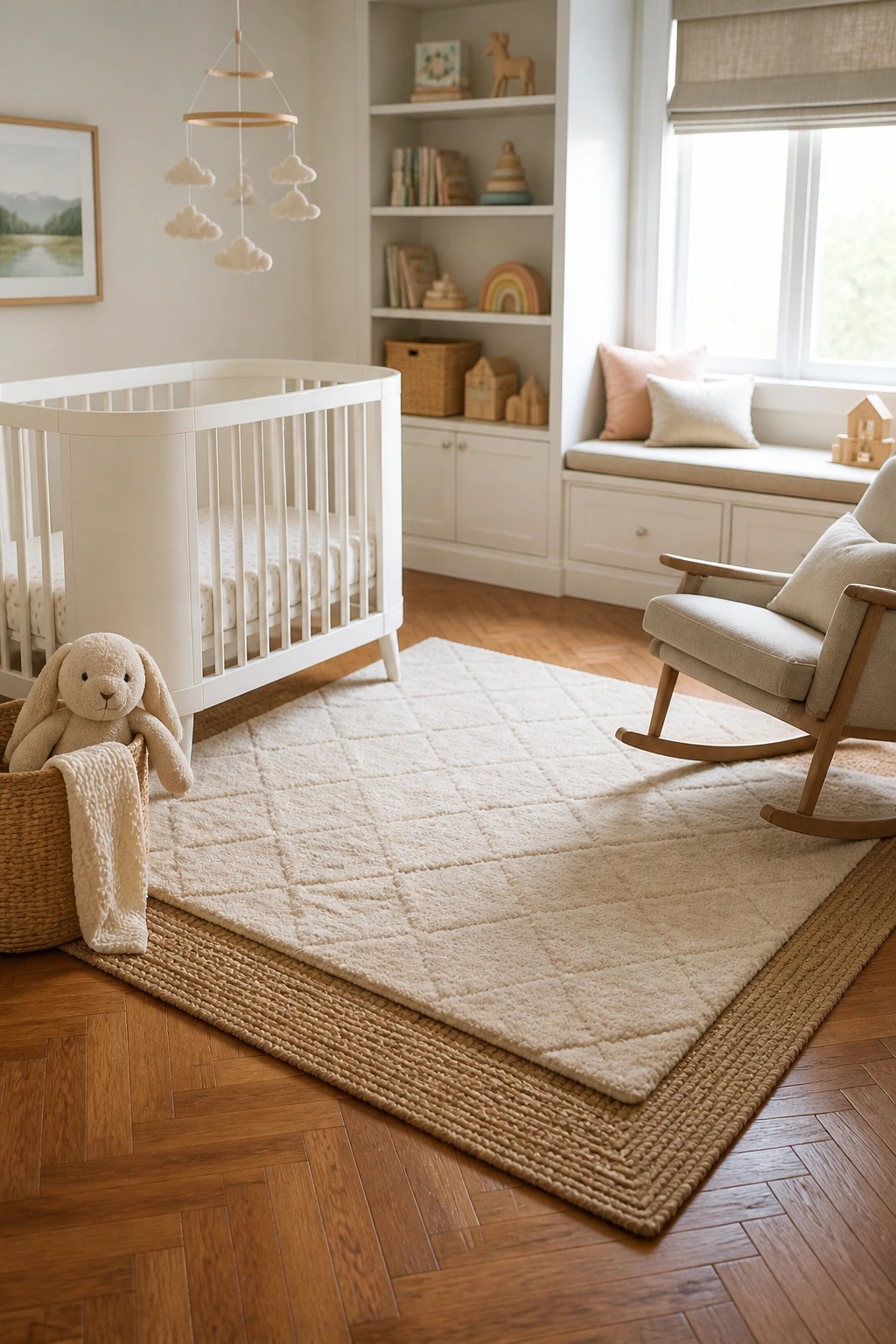 A nursery with white crib, wooden herringbone floor, beige rug, rocking chair, and built-in shelves.