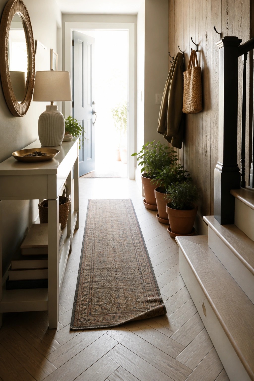 A light wood herringbone floor runs down a narrow entry hall with a runner rug, white console table, potted plants, and stairs on the right.