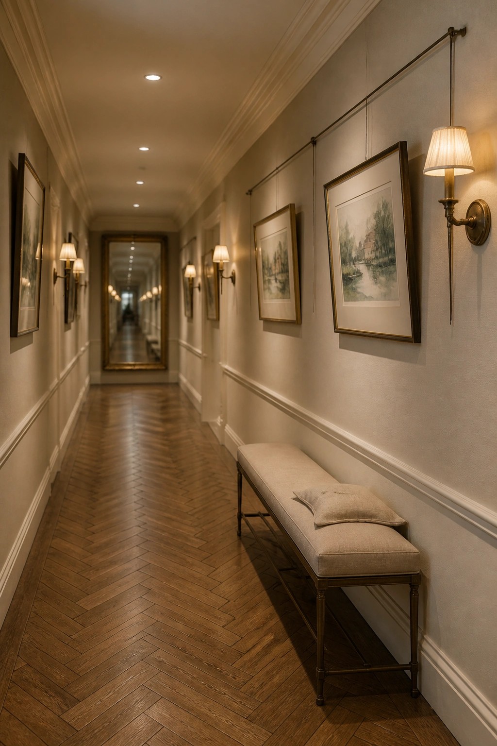A long narrow hallway with herringbone wood flooring, light walls, framed artwork, wall sconces, and a linen bench along one side.