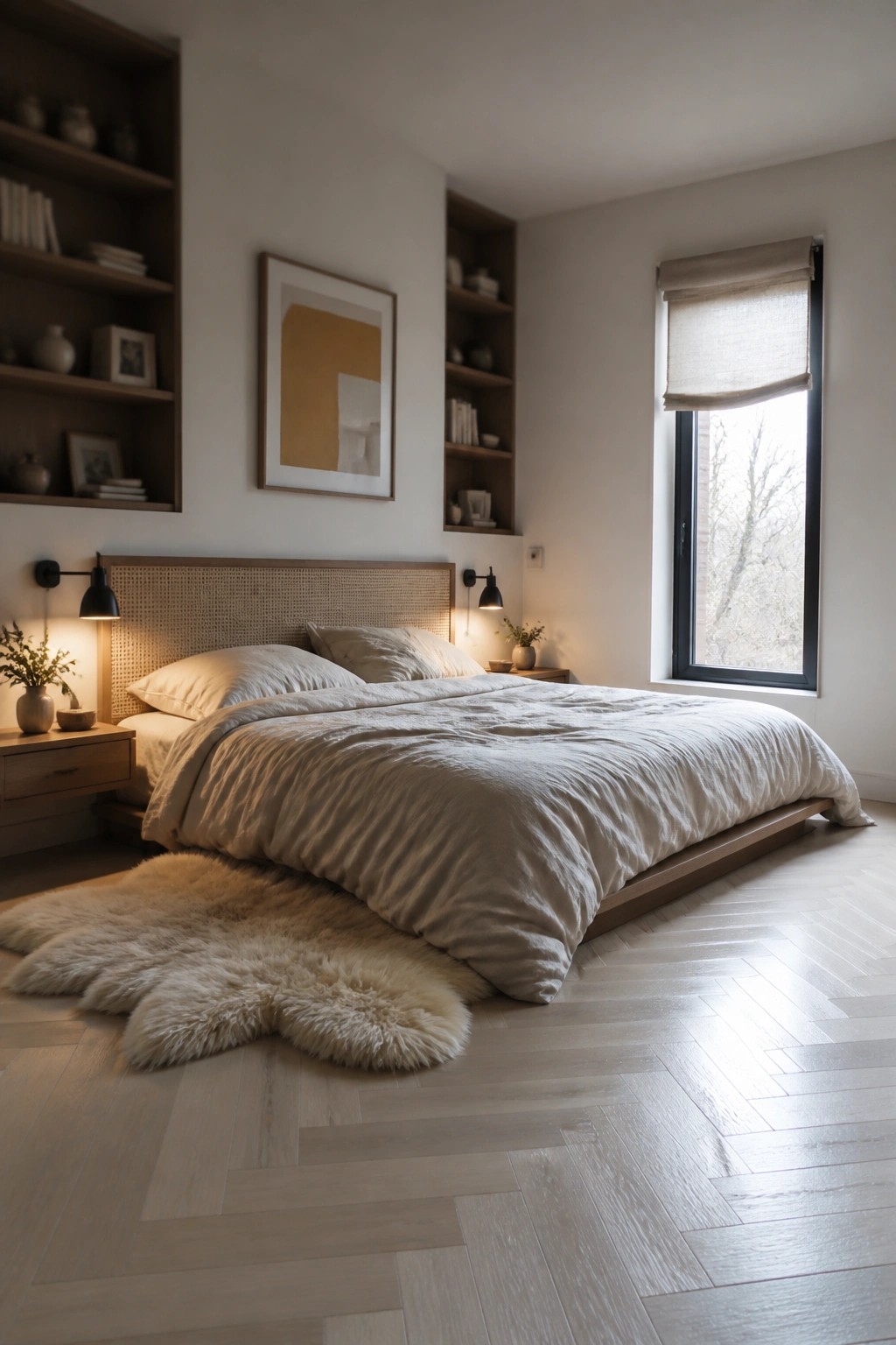A bedroom with light herringbone wood flooring, a large bed with white linens, built-in wooden shelves on the walls, and a tall window with a roller shade.