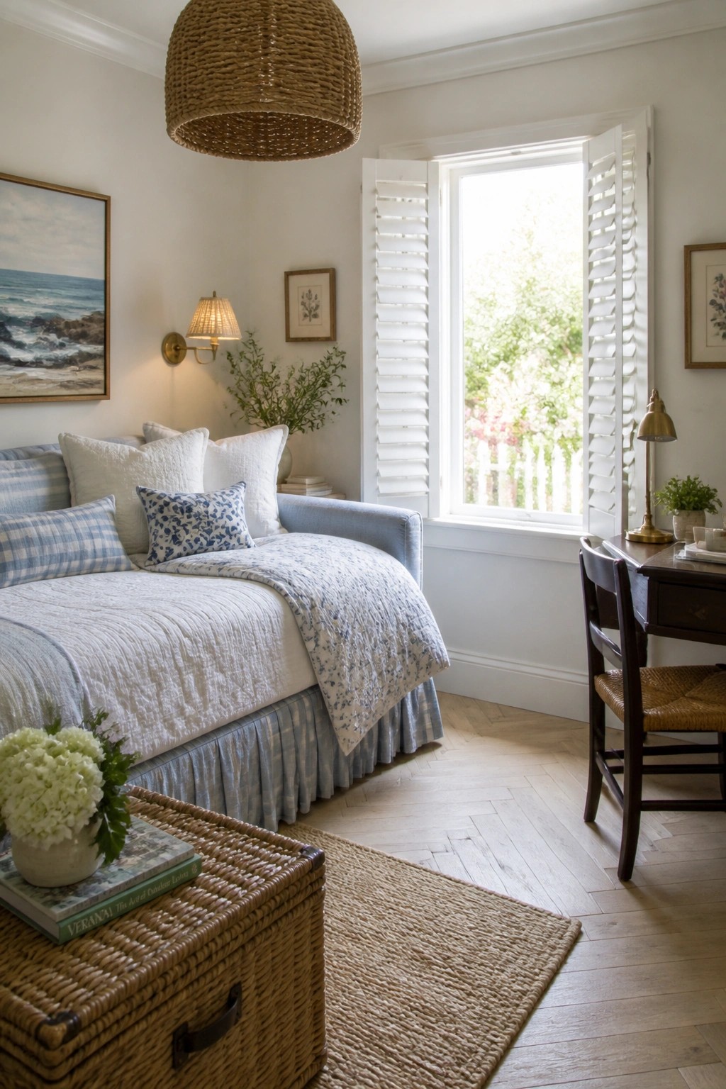 A bedroom with light herringbone wood flooring, a bed dressed in white and blue linens, white walls, and a window with open shutters.