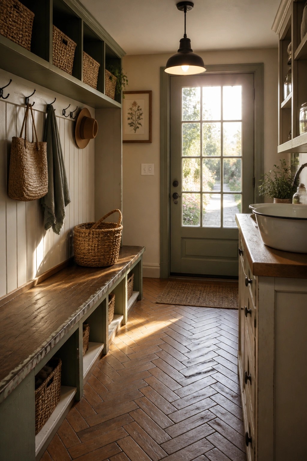 A narrow interior mudroom with herringbone wood flooring, green built-in cabinetry and bench, woven baskets, and a glass-paned door at the end.