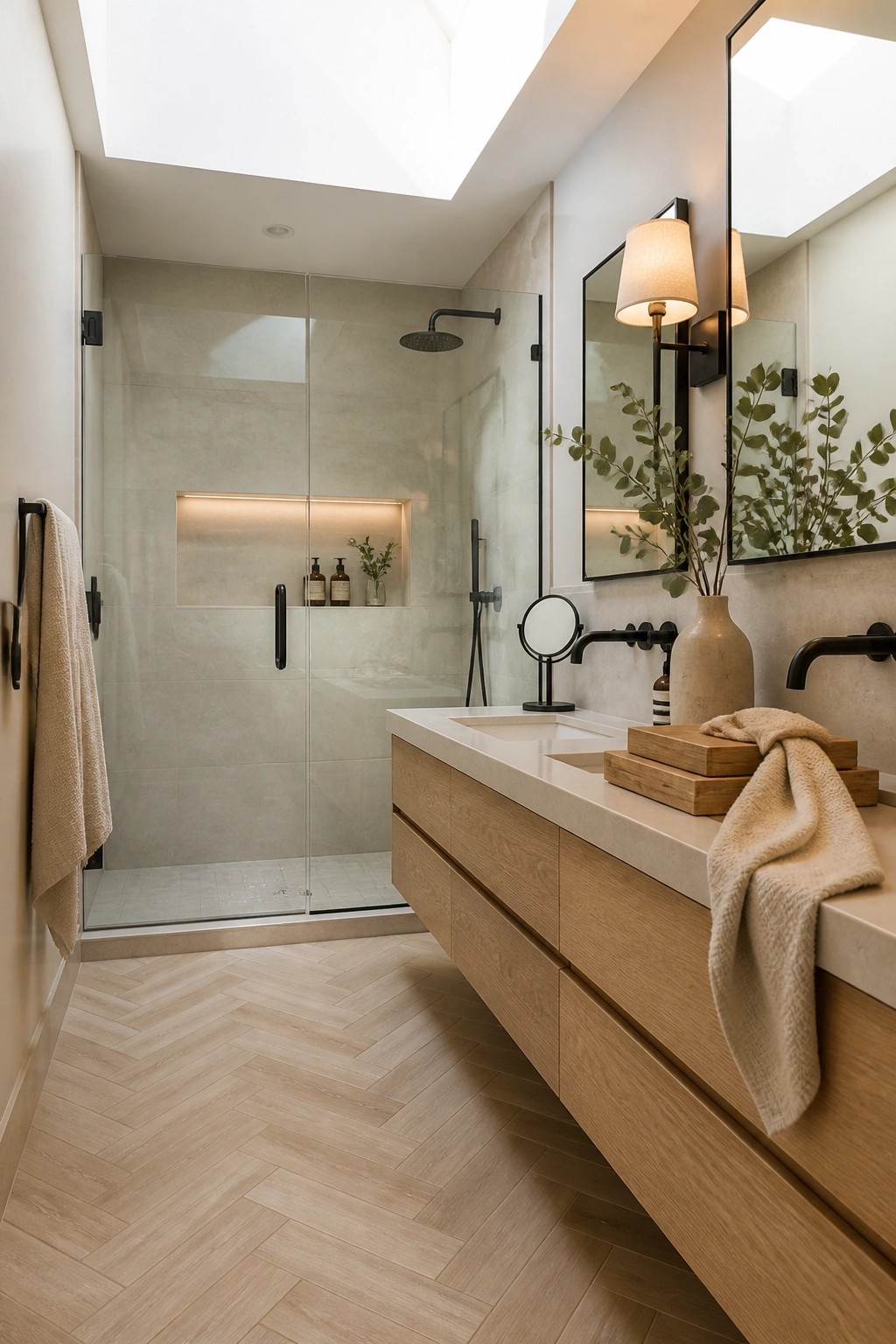 A modern bathroom with light herringbone wood flooring, a floating wood vanity, and a glass shower enclosure.