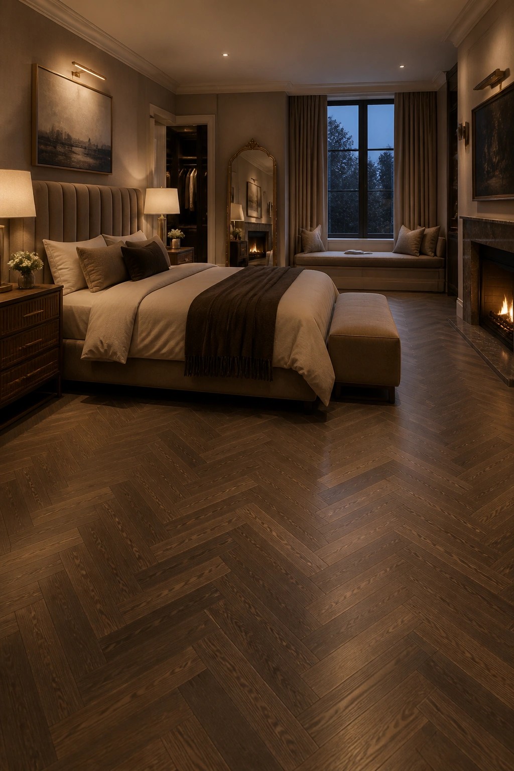 A bedroom with herringbone wood flooring, a large upholstered bed with neutral bedding, bedside tables with lamps, a fireplace, and a window seat.