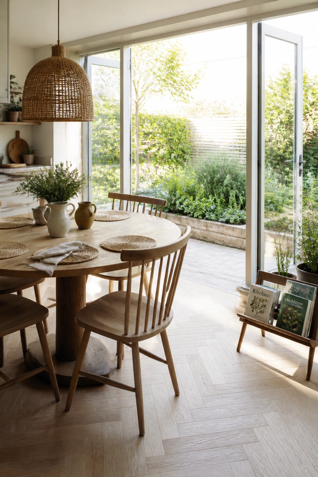 Interior view of a dining area with light-colored herringbone wood flooring, a round wooden table set with woven placemats and ceramic pitchers, wooden spindle-back chairs, and large glass doors opening to a garden.