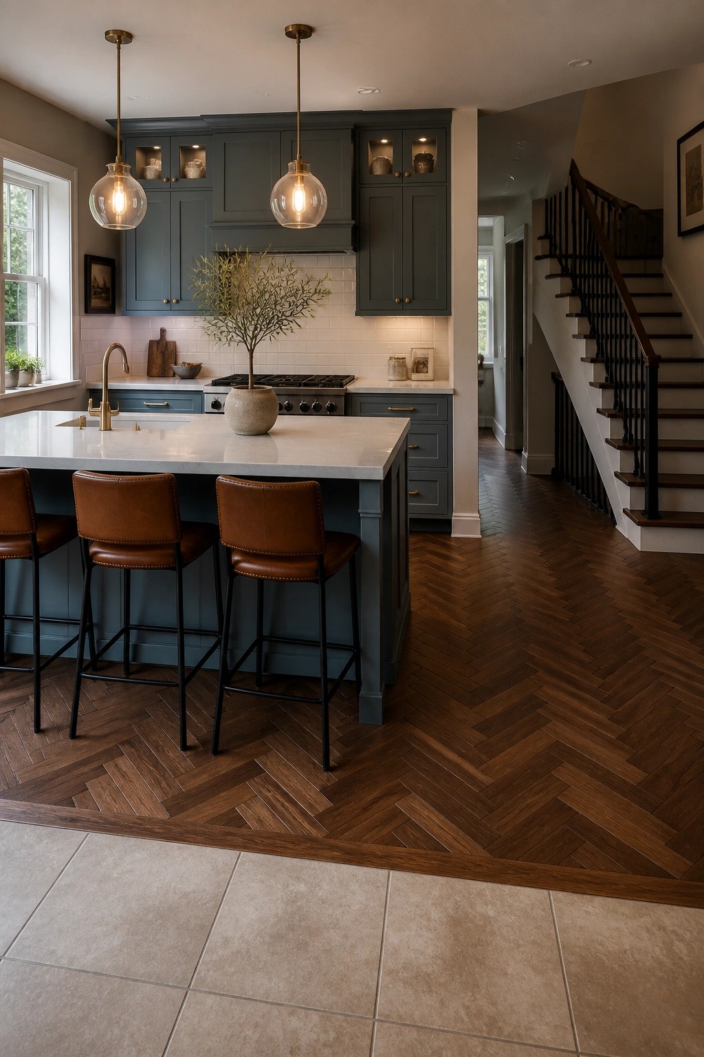 A modern kitchen with dark blue cabinets, a white marble island, brown leather bar stools, and dark herringbone wood flooring extending into an adjacent hallway.