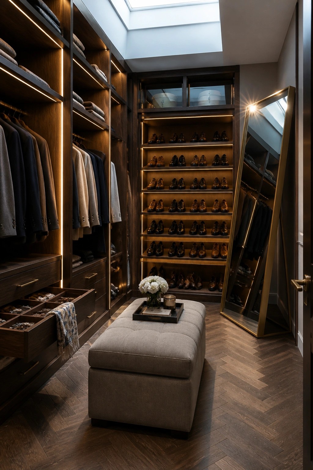 A spacious walk-in closet with dark herringbone wood flooring, built-in wooden shelves holding folded clothes and rows of shoes, an open drawer with accessories, a large leaning mirror, and a central upholstered bench.