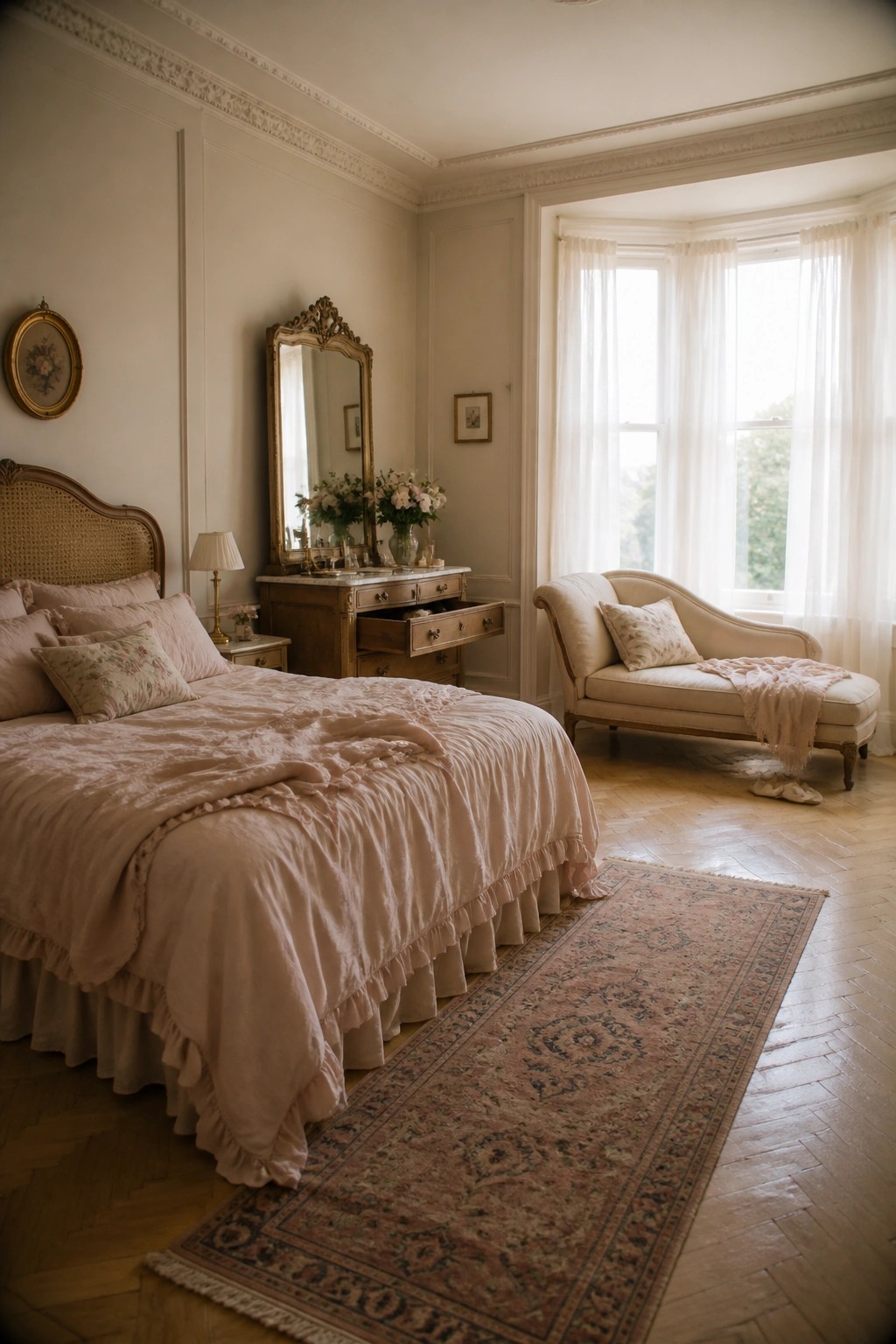 A bedroom with light herringbone wood flooring, a bed with pink linens, a wooden vanity, and a chaise lounge near a large window.