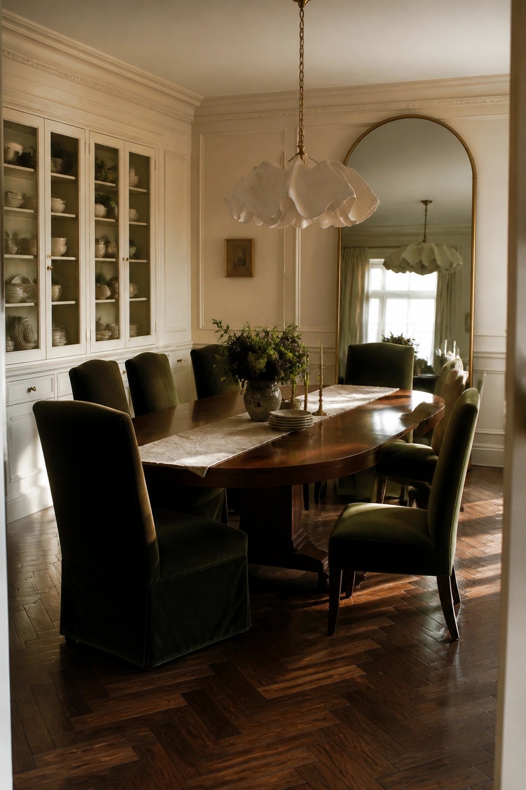 A formal dining room featuring dark herringbone wood flooring, a long wooden dining table with green upholstered chairs, built-in white china cabinets, and a large arched mirror on the wall.