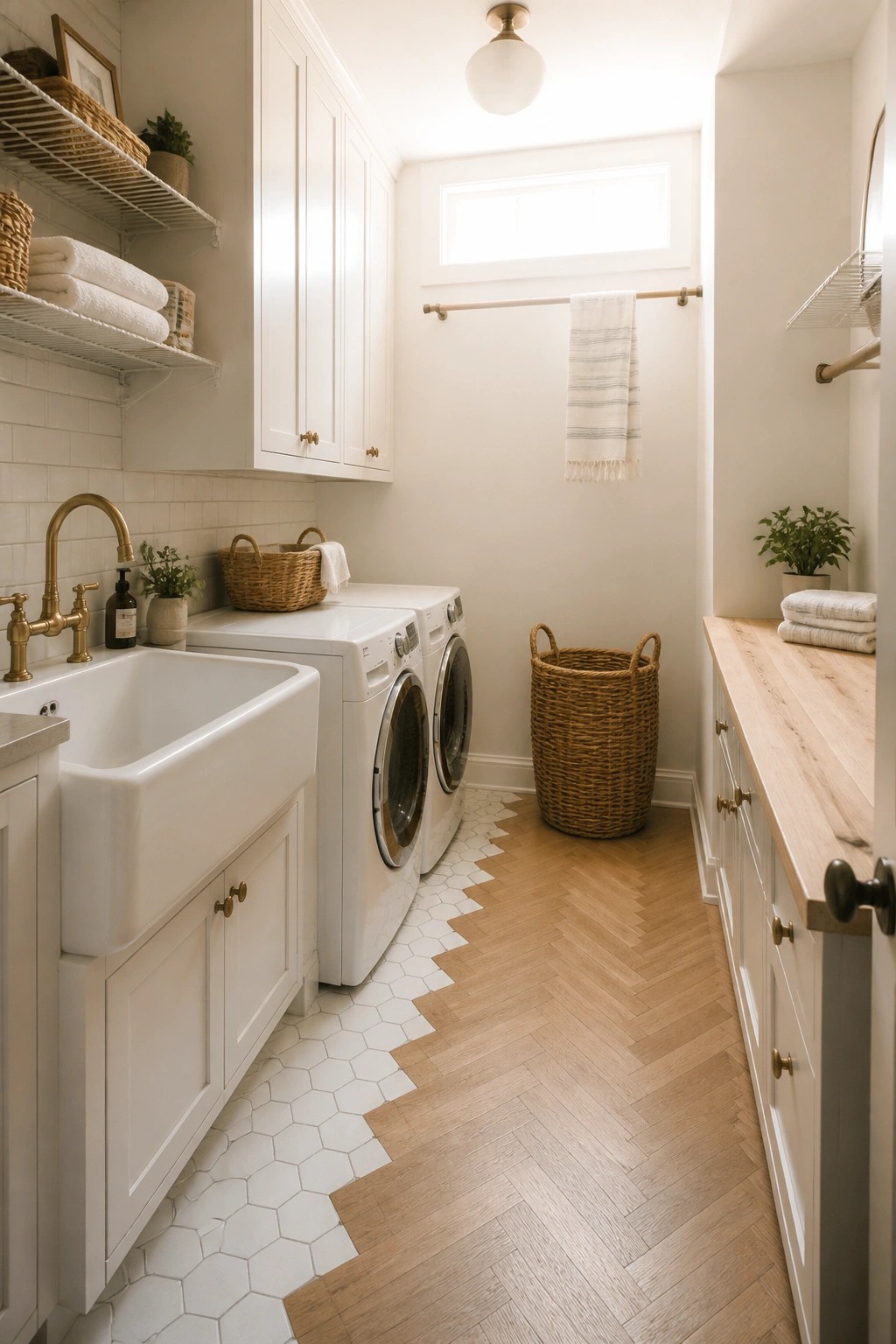Laundry room interior showing white cabinets, a farmhouse sink, front-loading washers, and a floor that changes from white hexagonal tile to herringbone wood planks.