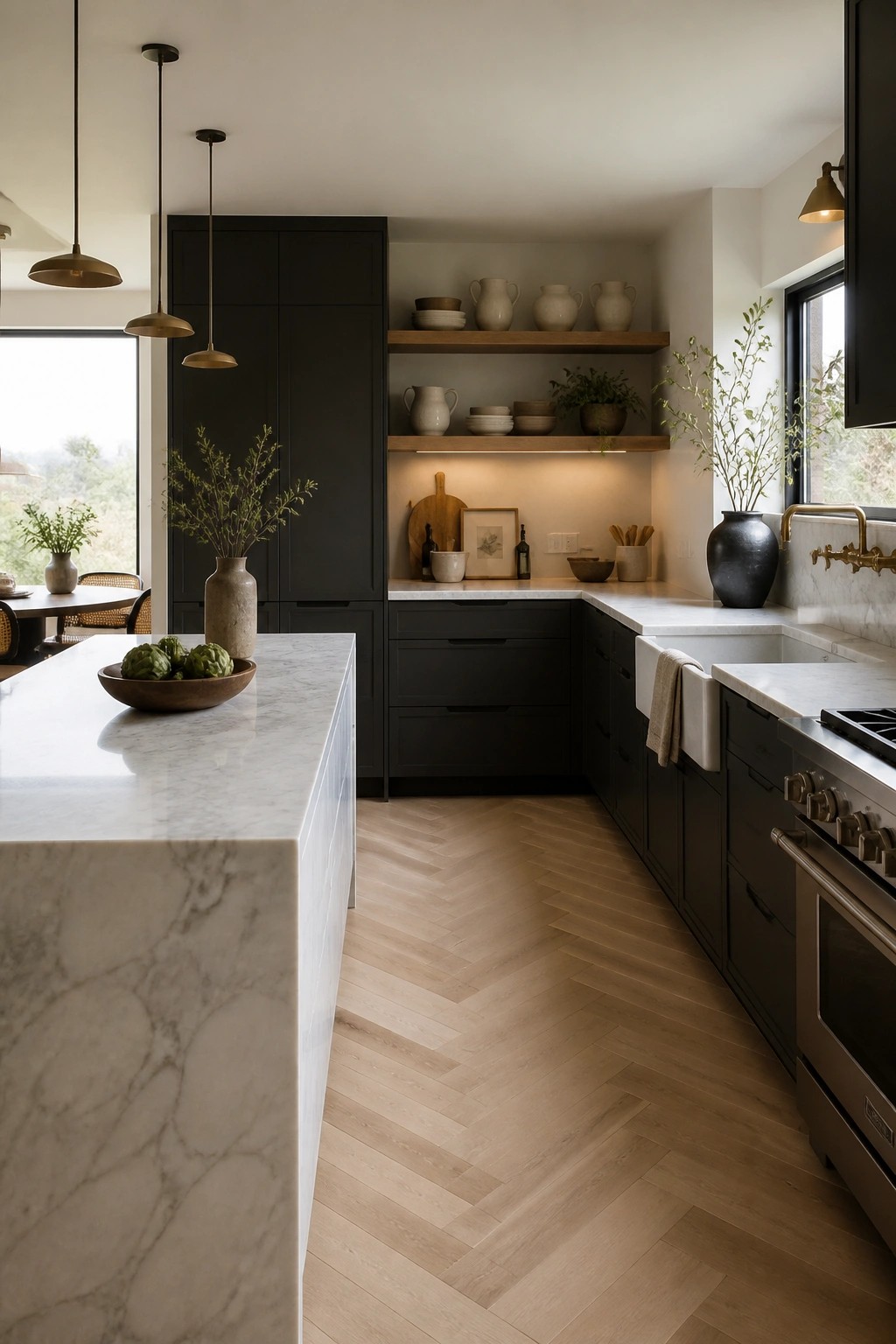 A modern kitchen with dark cabinetry, white marble counters, and light wood herringbone flooring leading to a large island.