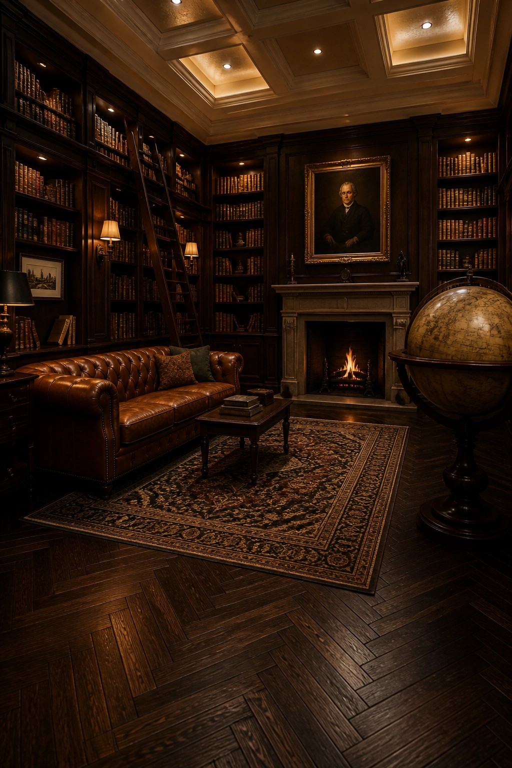 A dimly lit traditional library featuring dark herringbone wood flooring, a brown leather sofa, built-in bookshelves with a ladder, a fireplace with a portrait above it, and a large globe on a stand.