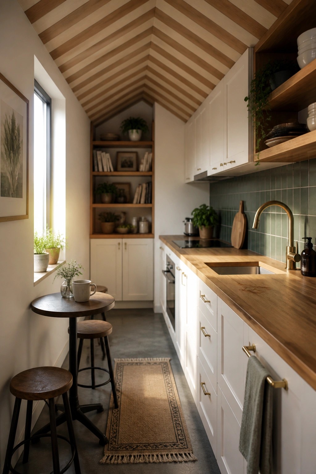 A narrow kitchen interior with white cabinets, a wooden countertop and sink, and a vaulted ceiling covered in angled wood slats.