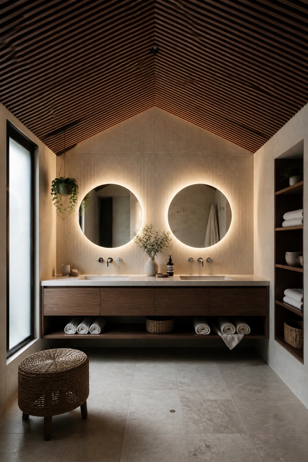 A bathroom interior with a peaked ceiling covered in dark angled wood slats, two round illuminated mirrors above a floating wood vanity, and a woven stool in the foreground.