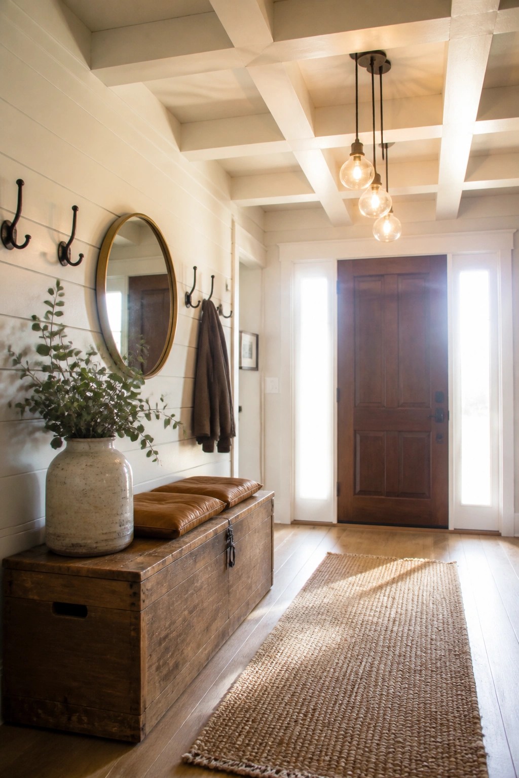An interior entryway featuring a geometric wood coffered ceiling, white shiplap walls, a dark wood door, and a long woven rug on hardwood flooring.