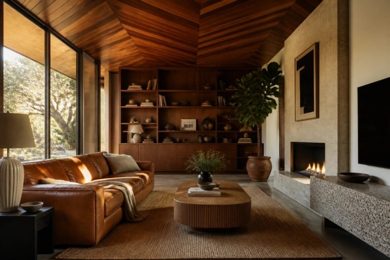 A living room with a sloped ceiling clad in dark wood planks arranged in a chevron pattern, a brown leather sofa, and a wooden coffee table on a woven rug.