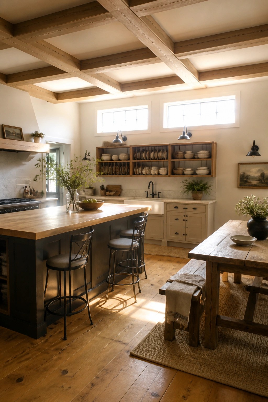 A bright kitchen with a geometric wood beam ceiling, a dark island with metal stools, open shelving, and a wooden dining table on the right.