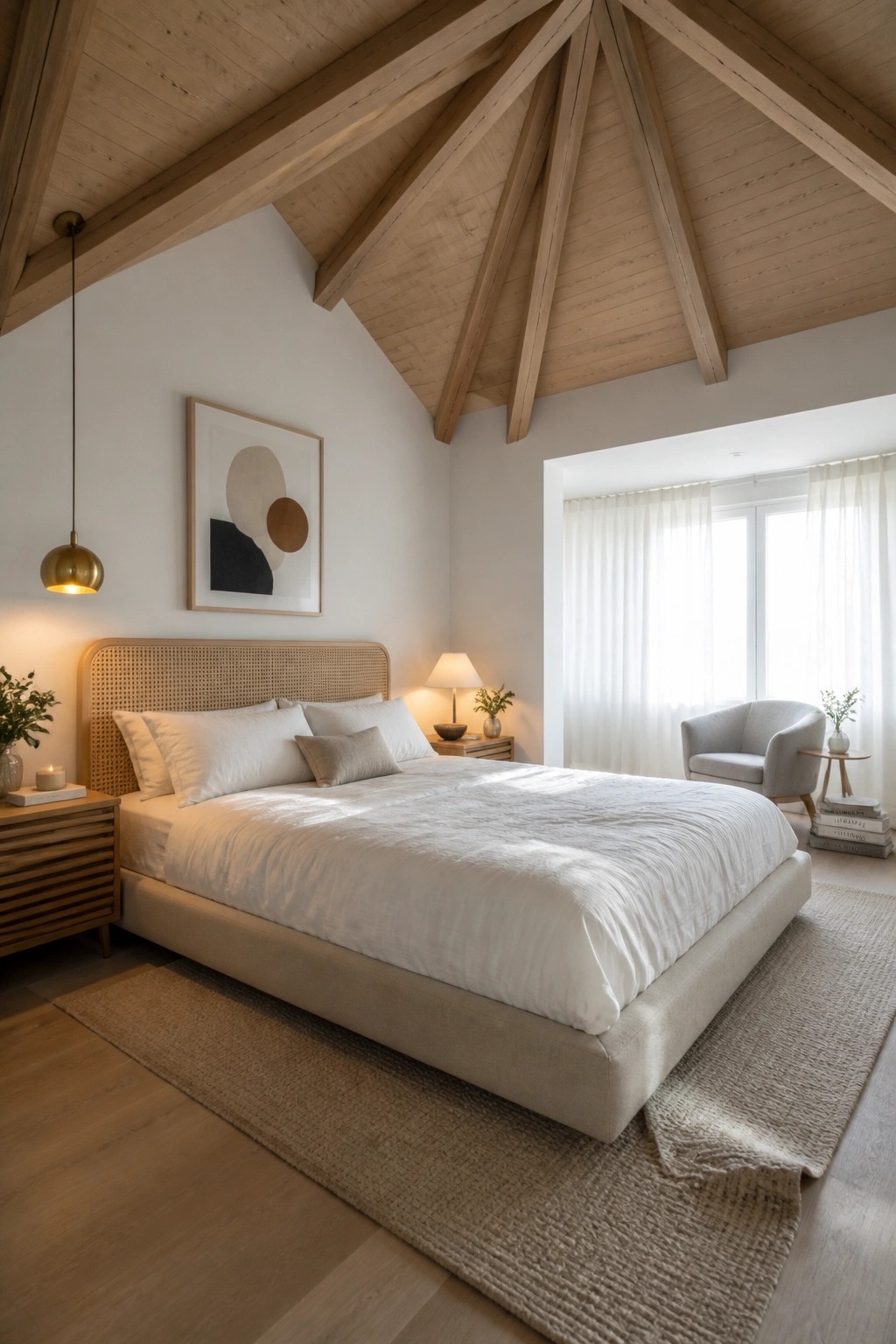 A bedroom with a high vaulted ceiling featuring light wood beams arranged in a geometric radiating pattern, a large bed with white bedding, and neutral furnishings.