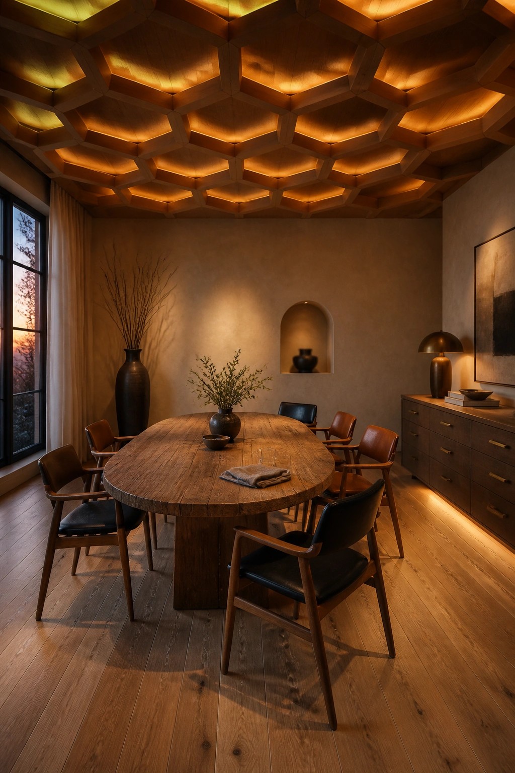 Rustic wooden oval table surrounded by leather chairs in warmly lit dining room