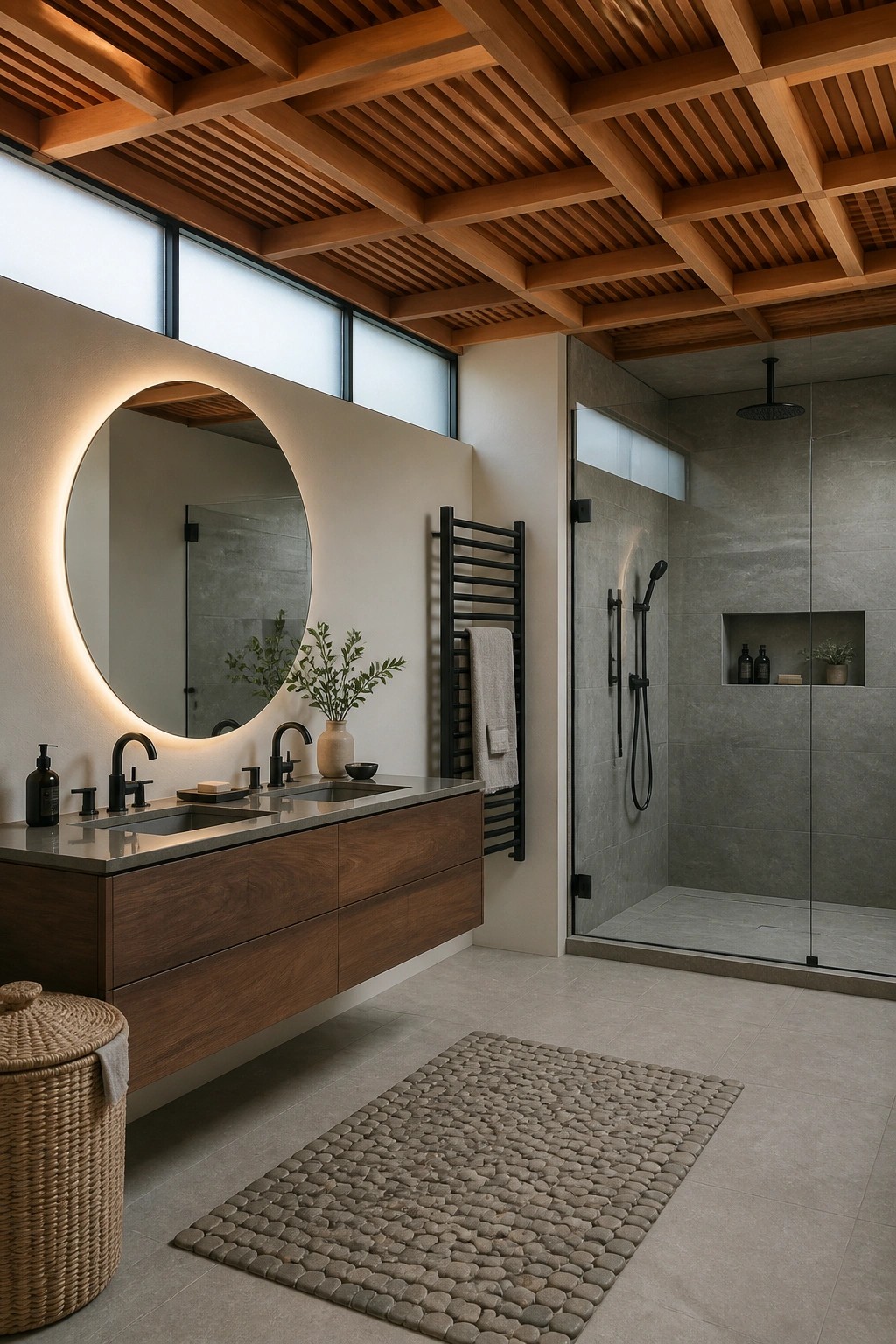 A modern bathroom with a geometric wood slat ceiling, floating wood vanity, round backlit mirror, and glass shower enclosure.