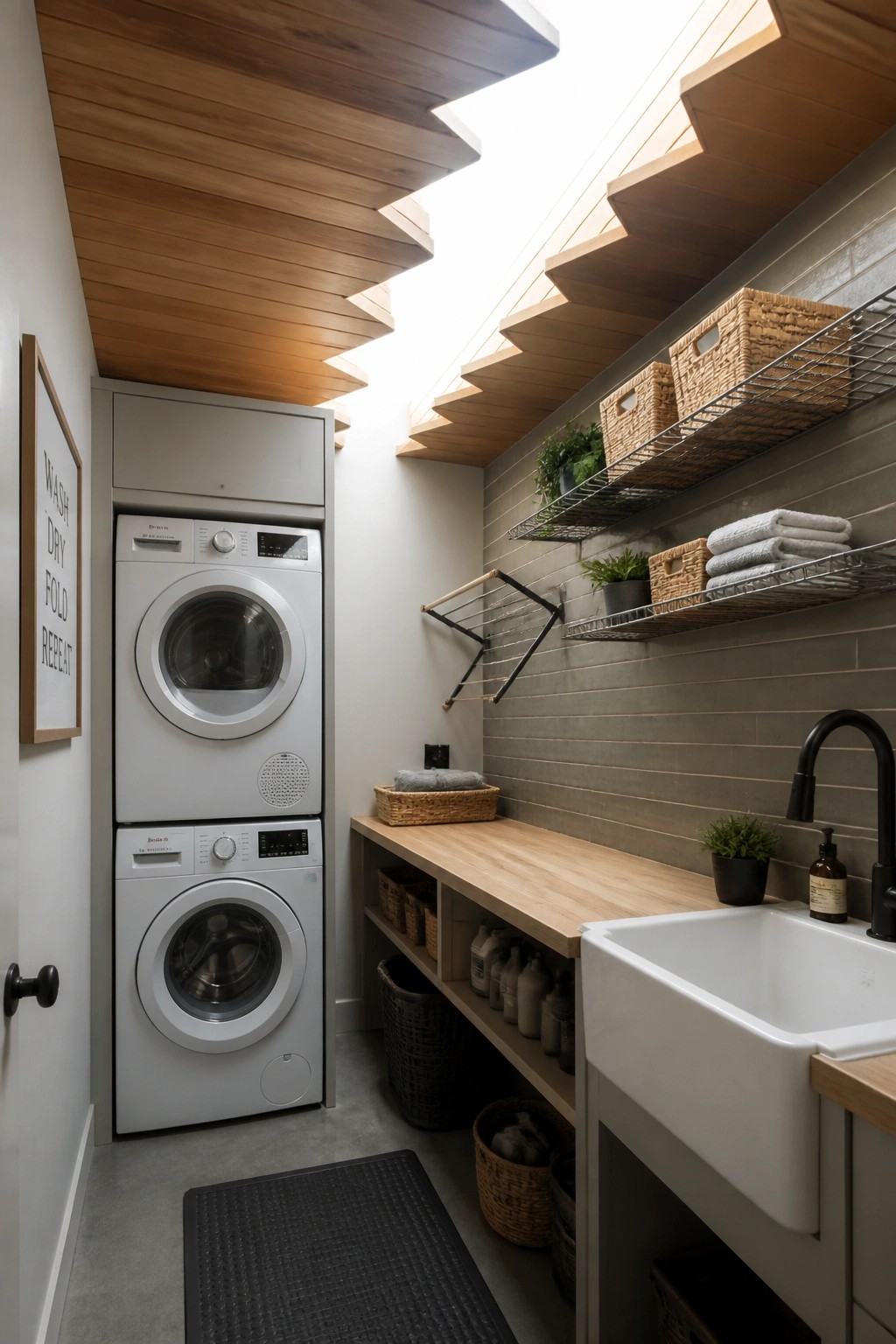 A narrow laundry room with stacked washer and dryer units, a white utility sink, wooden countertop, and a geometric wood ceiling featuring horizontal planks in a descending stepped pattern.
