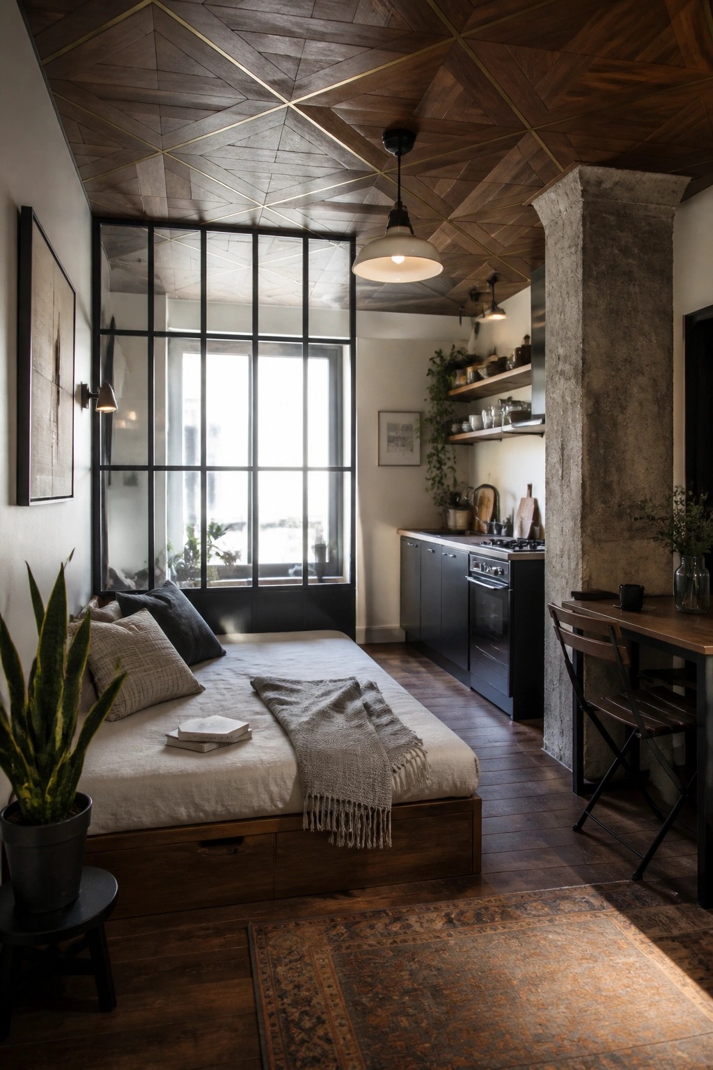 An interior view of a small apartment room with a geometric wood ceiling featuring triangular patterns and gold inlays, a low bed, a kitchen area, and a small dining table.