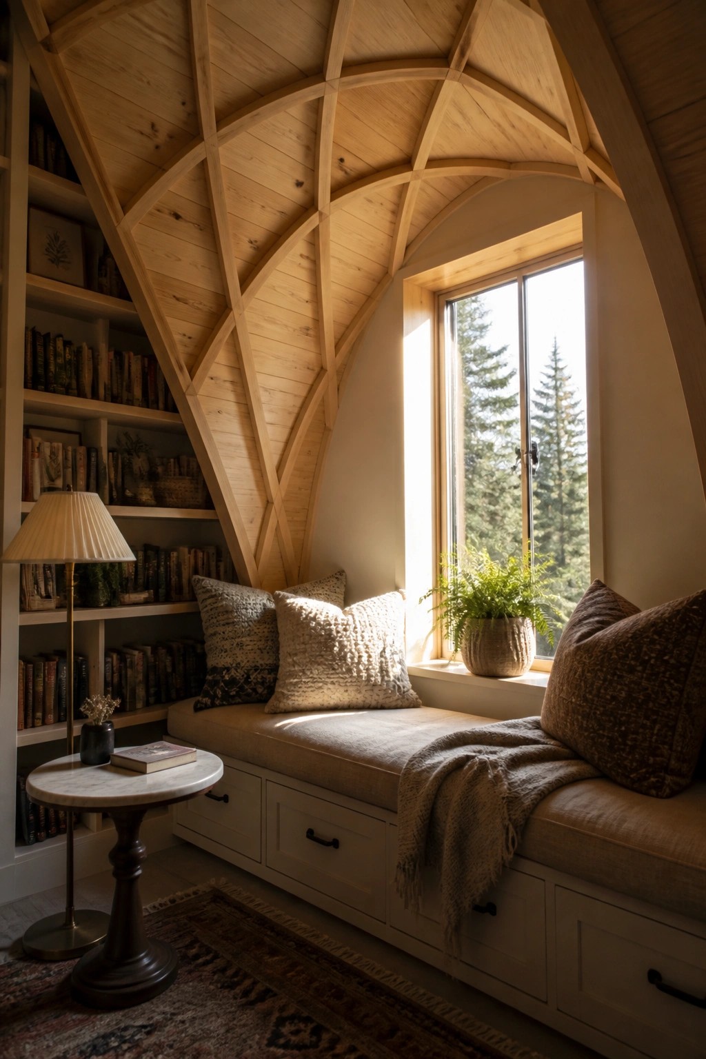 A cozy window seat nook with cushions, a throw blanket, and a potted plant beneath an arched geometric wood ceiling, next to built-in bookshelves and a round marble table.