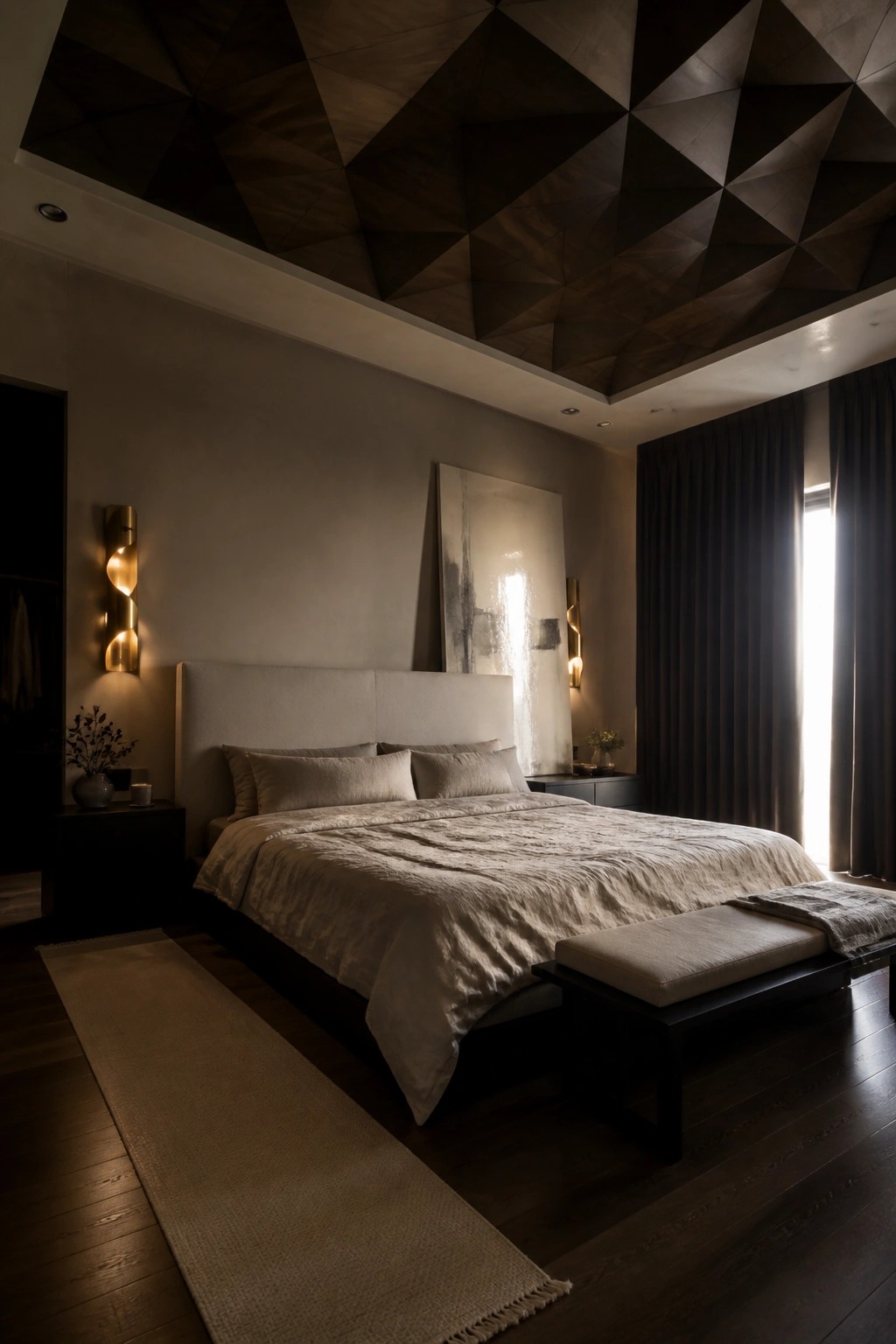 A modern bedroom featuring a dark faceted geometric wood ceiling, a large bed with neutral linens, wall sconces, and a bench at the foot of the bed.