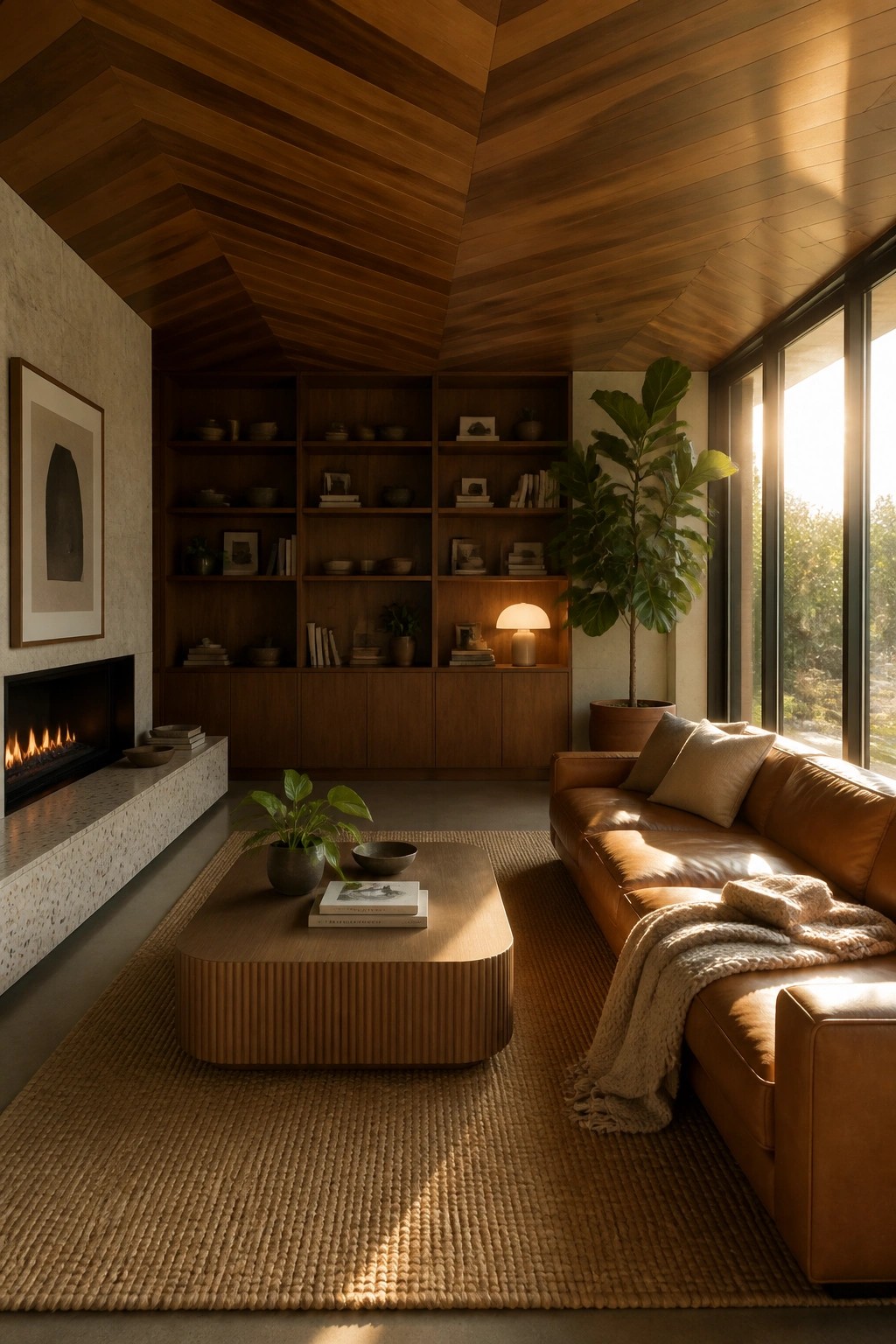 A living room with a sloped ceiling clad in dark wood planks arranged in a chevron pattern, a brown leather sofa, and a wooden coffee table on a woven rug.