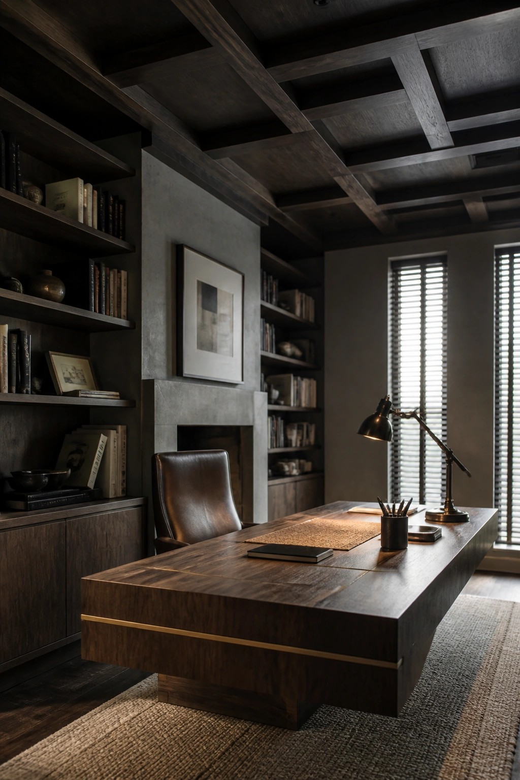A modern home office featuring a dark wood coffered ceiling with geometric beams, built-in bookshelves, a large wooden desk, and a brown leather chair.