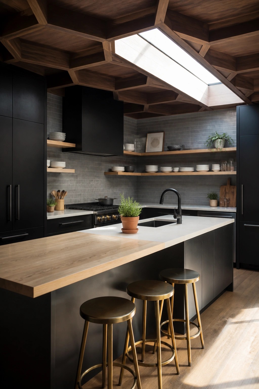 A modern kitchen with a geometric wood ceiling featuring an integrated skylight, dark cabinetry, floating shelves, and a central island with three stools.