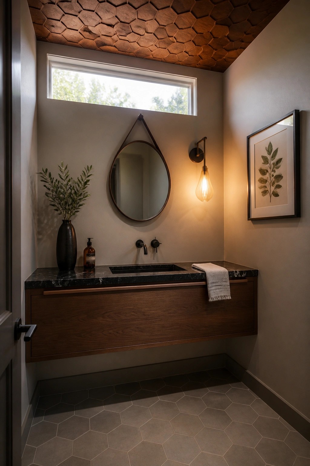 A modern bathroom with a ceiling covered in brown hexagonal wood tiles, a floating wooden vanity with black stone top, and a round mirror hanging on a gray wall.